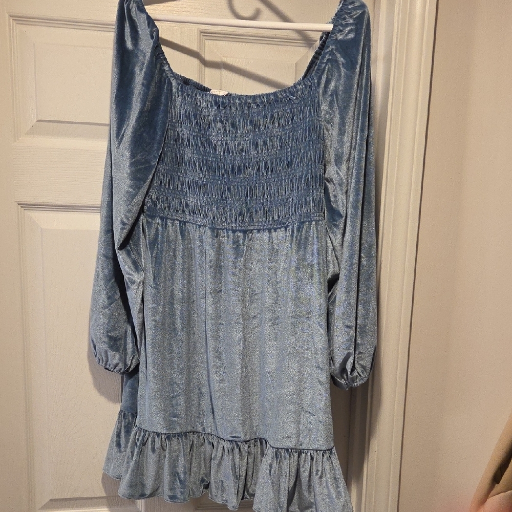 Blue Smocked Velvet Dress